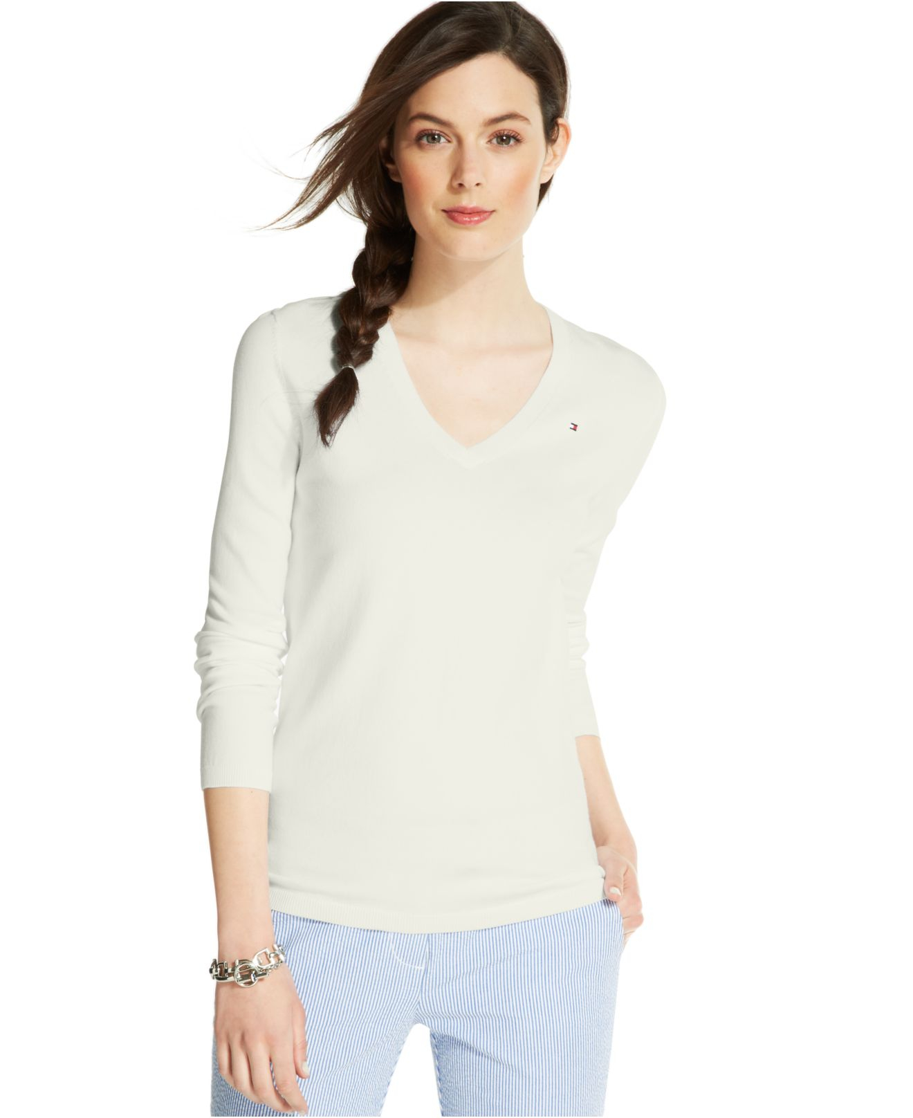 Lyst Tommy Hilfiger Long Sleeve V Neck Sweater In White