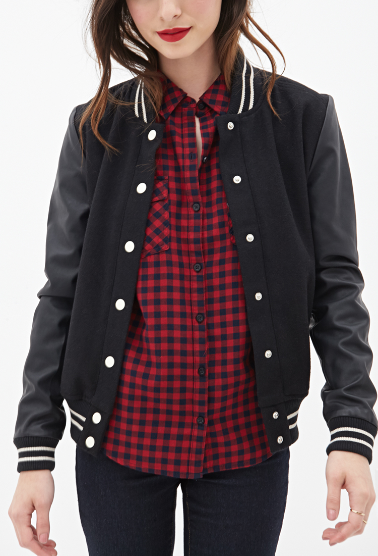 Forever 21 Faux Leather Varsity iJacketi in Black Lyst