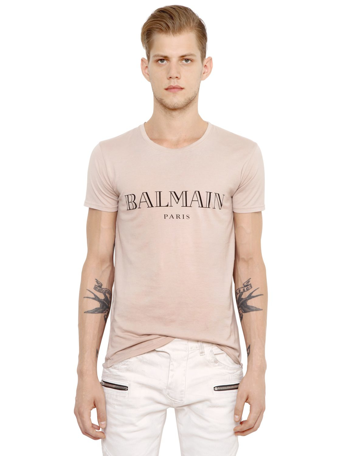 Lyst - Balmain Logo Printed Cotton Jersey T-shirt in Natural for Men