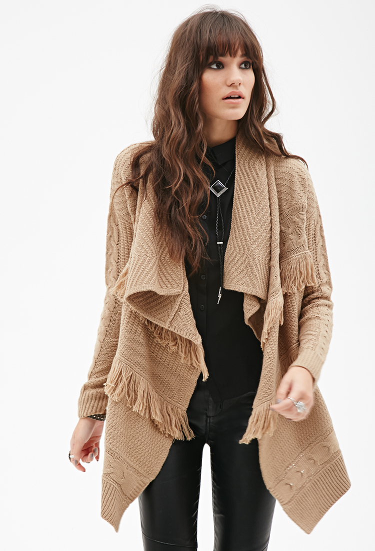 Forever 21 Cable Knit Fringe Cardigan in Brown | Lyst