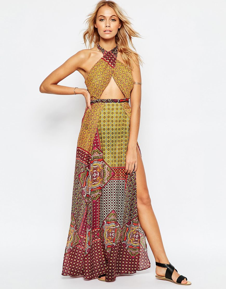 split neck printed maxi dress