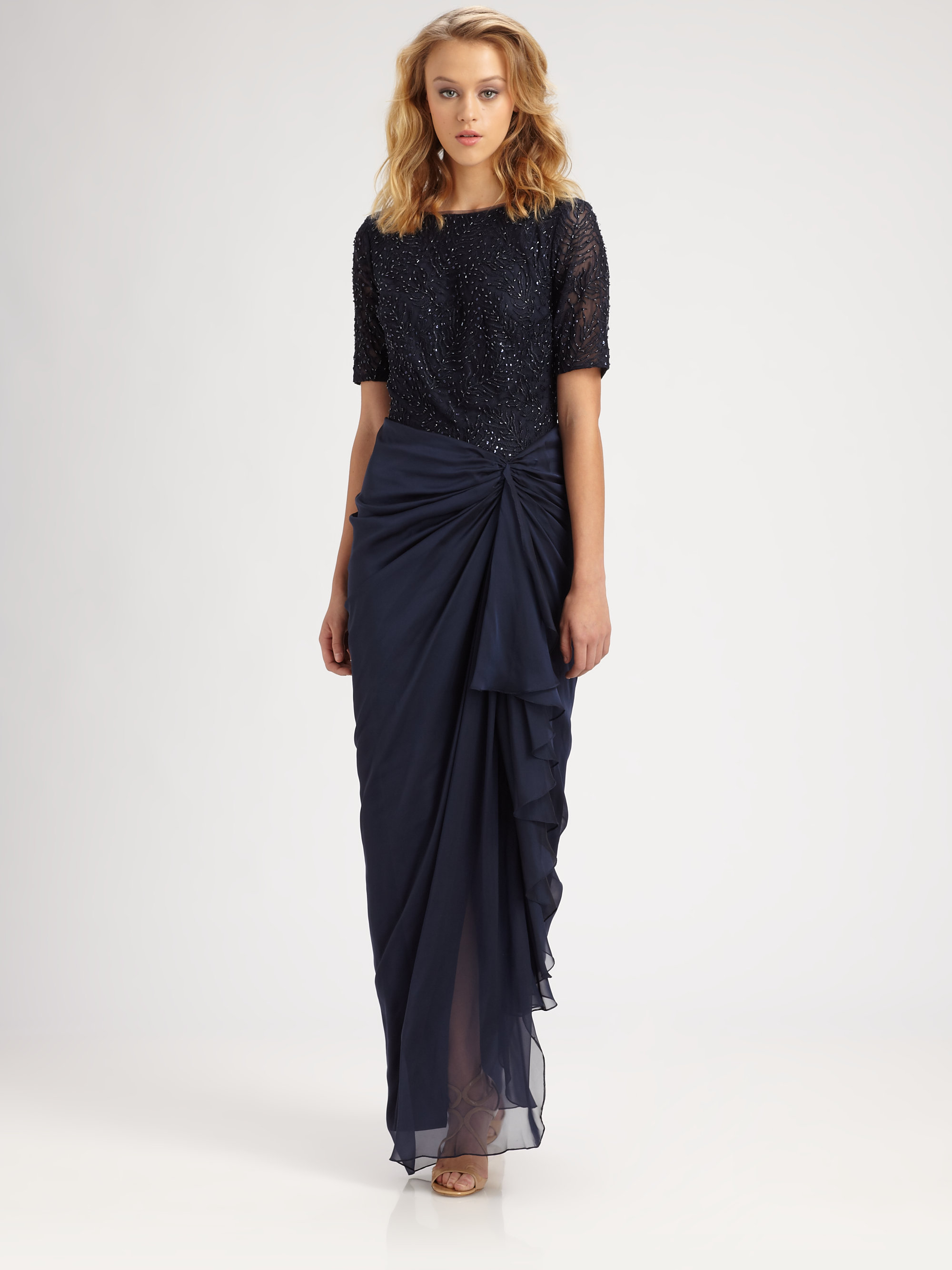 Lyst - Tadashi Shoji Beaded Drape Gown in Blue