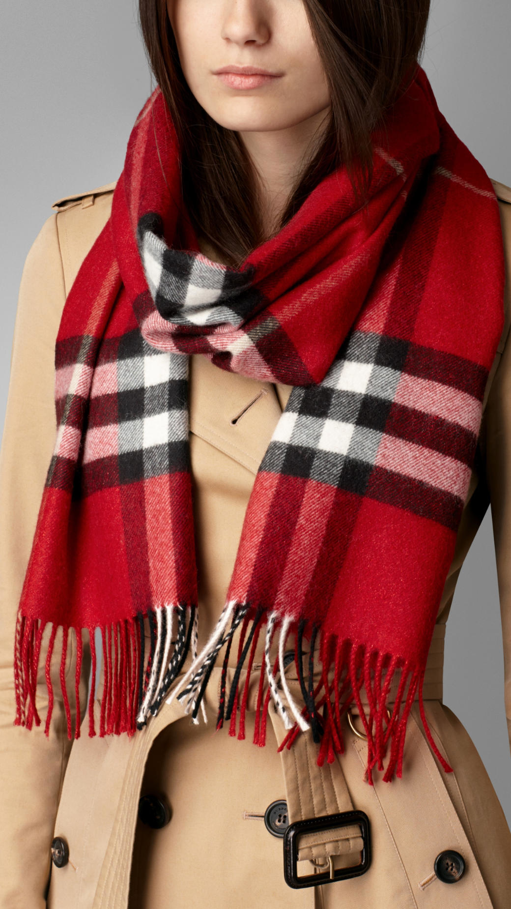Burberry Metallic-weave Check Cashmere Scarf in Red - Lyst