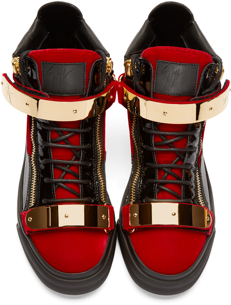 Lyst - Giuseppe zanotti Red & Black Velour High-top London Sneakers in ...