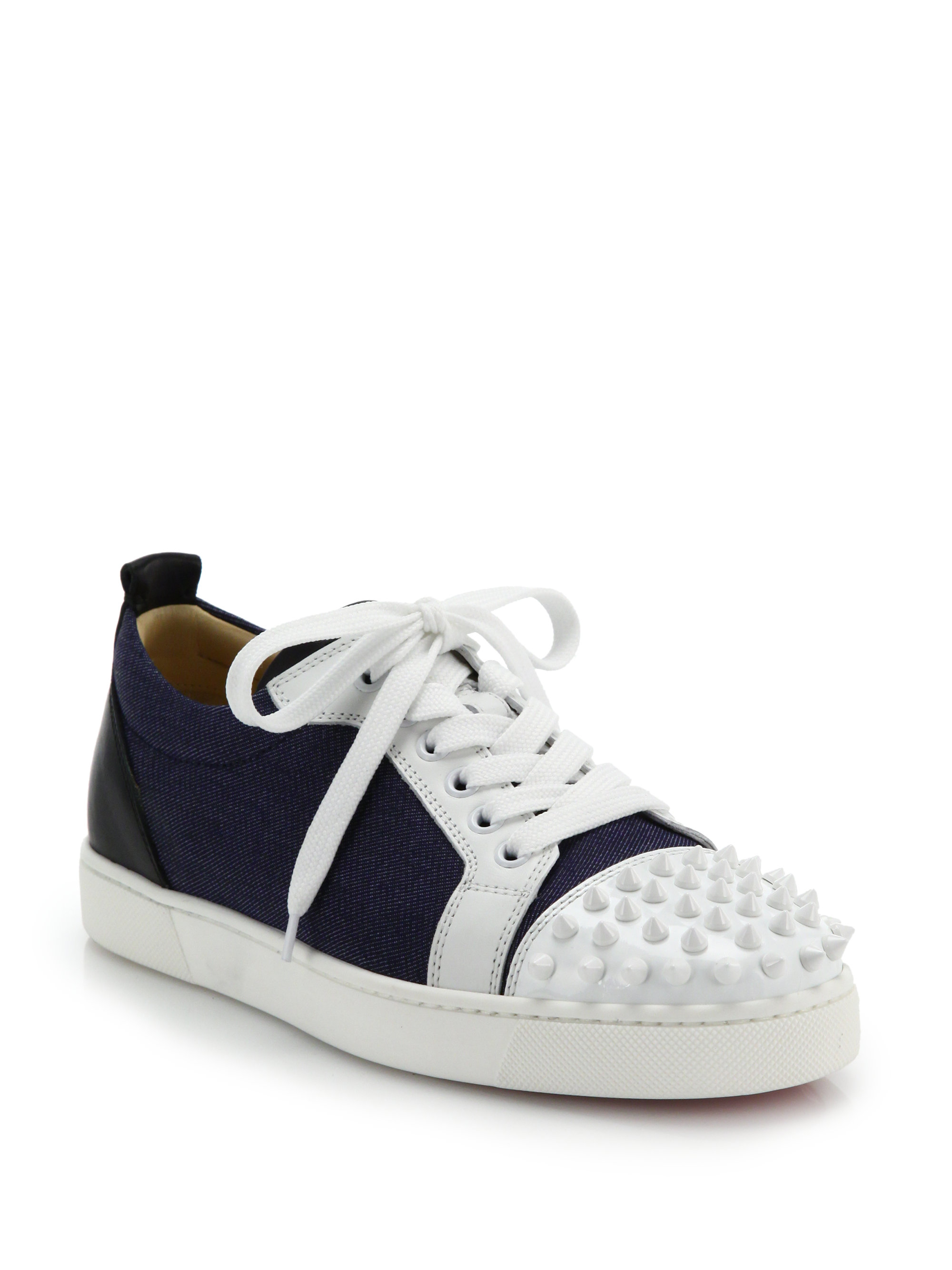 Christian louboutin Louis Jr Studded Leather \u0026amp; Denim Sneakers in ...