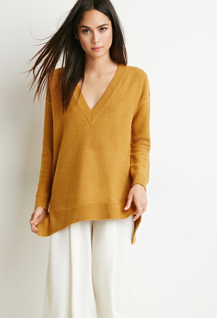 Forever 21 Oversized V Neck Sweater In Yellow Mustard Lyst 4053