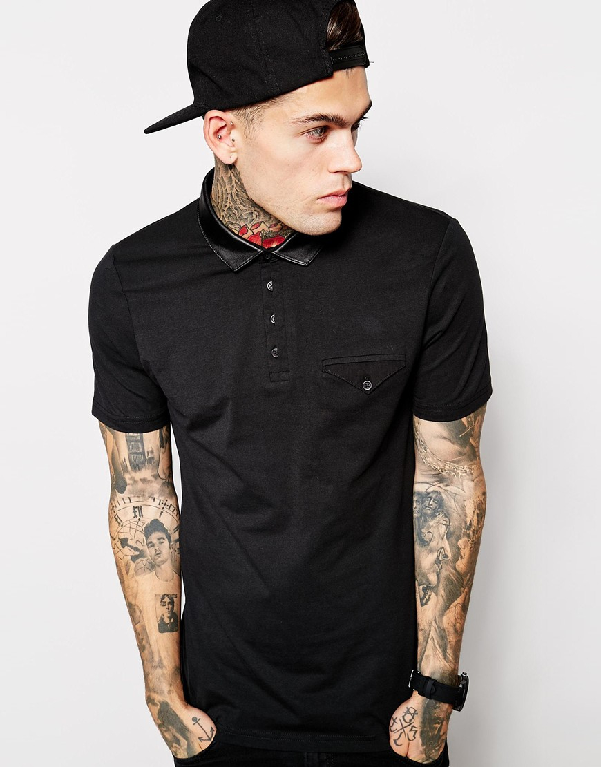 Lyst - Asos Polo Shirt With Leather Look Collar in Black for Men