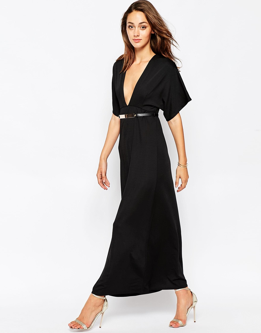 Lyst - Oh My Love Deep V Maxi Dress With Kimono Sleeves in Black