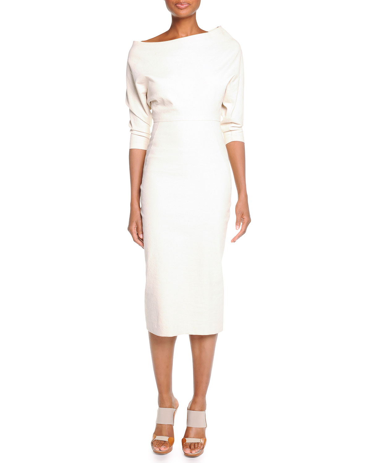 Lyst - Donna Karan Belted Elbow-Sleeve Midi Dress in White