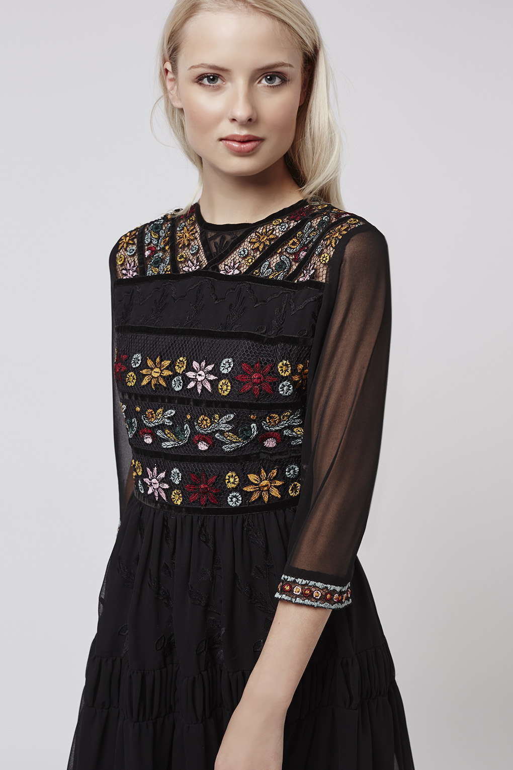 Topshop Embroidered Midi Dress in Black | Lyst