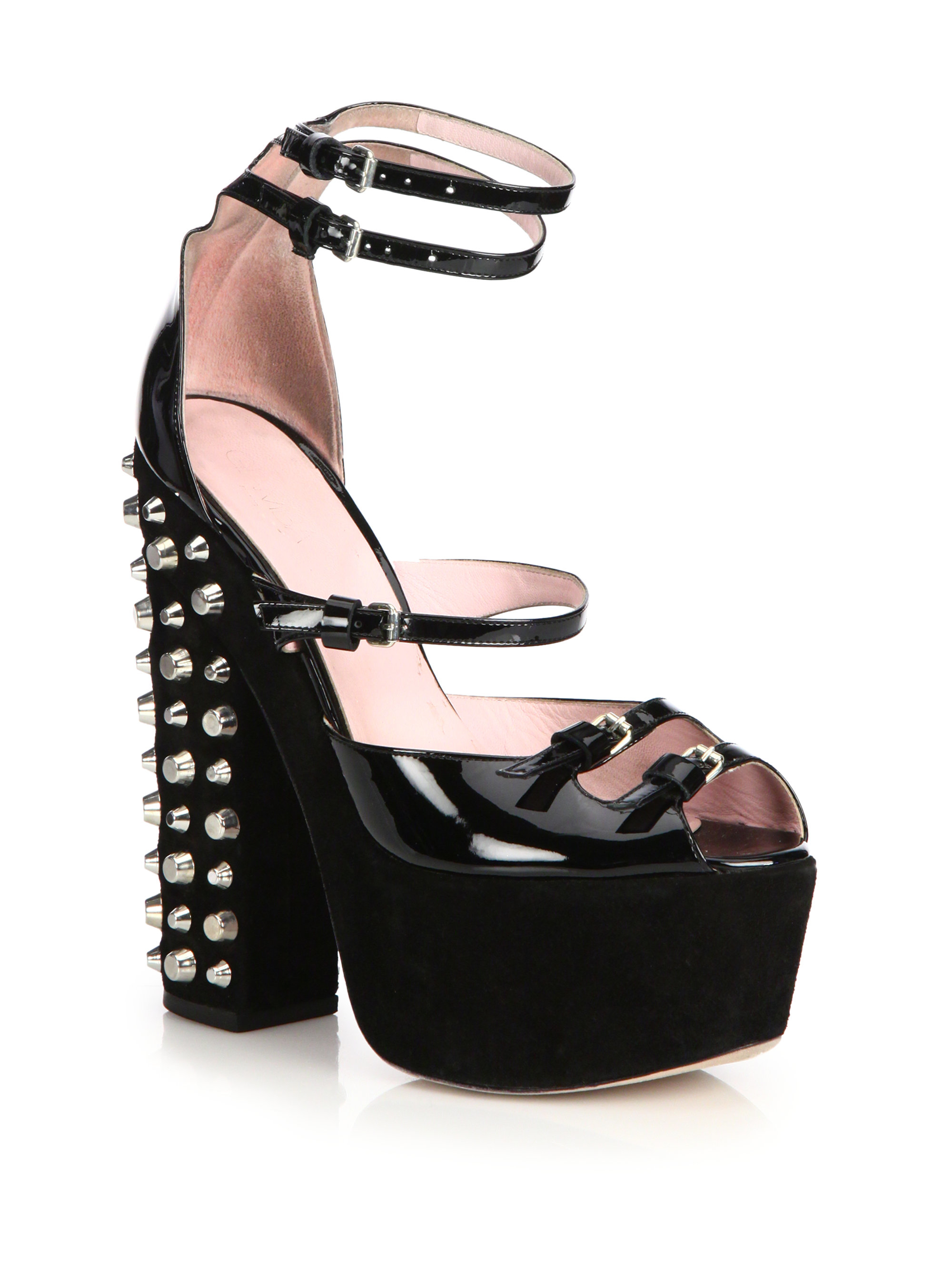 Lyst - Giamba Patent Leather & Suede Studded Platform Sandals in Black