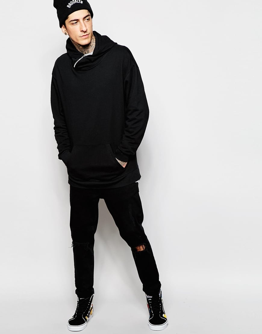 Asos Longline Oversized Hoodie With Zip Funnel in Black for Men | Lyst