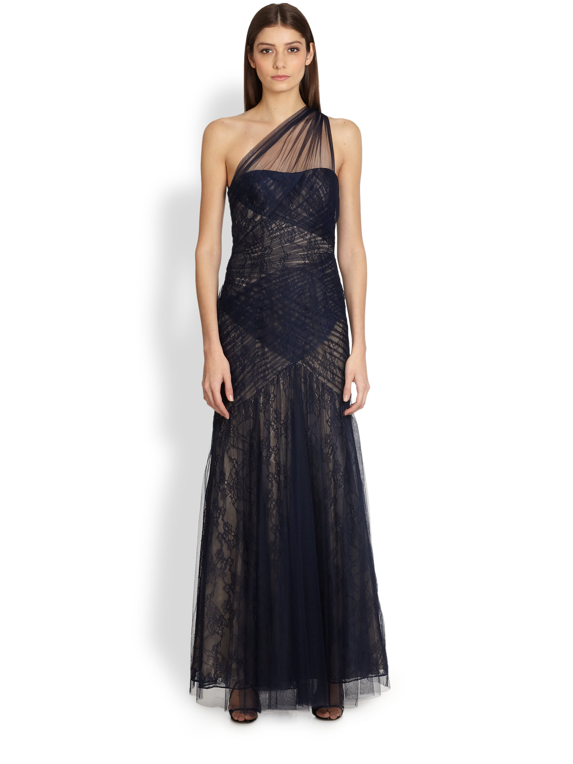 Lyst - Ml Monique Lhuillier Tulle One-Shoulder Gown in Blue