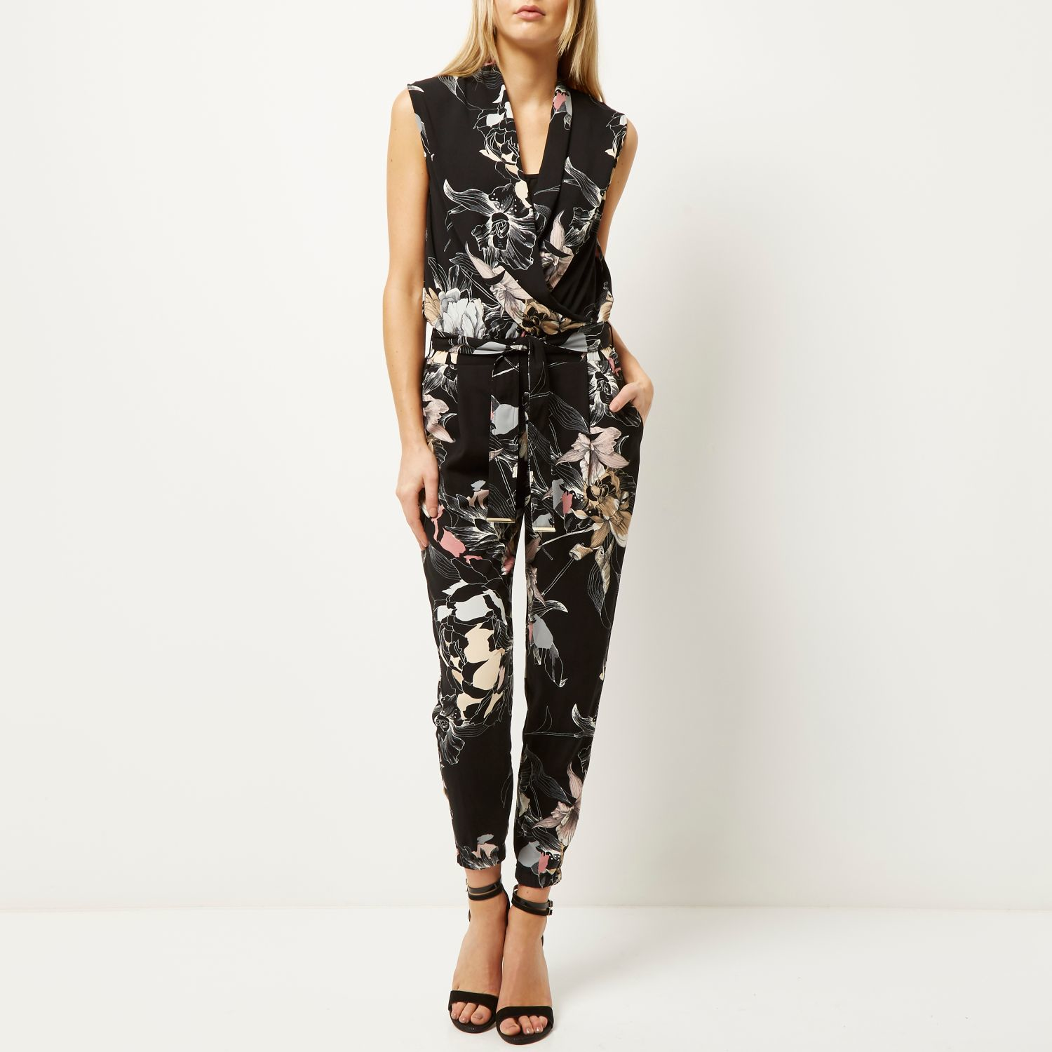 River Island Black Floral Print Smart Jumpsuit in Black Lyst