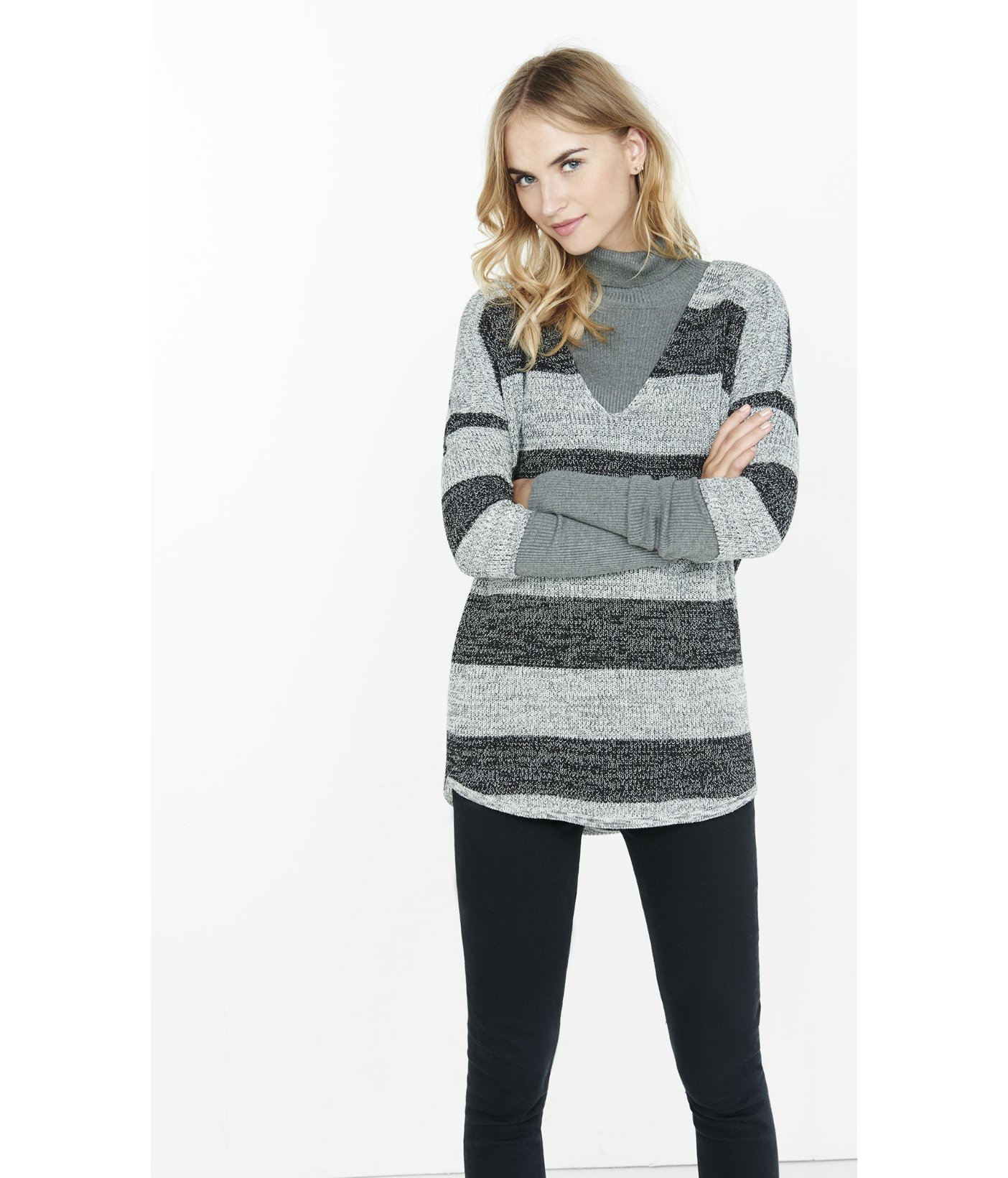 Express Marl Stripe London Tunic Sweater in Black | Lyst