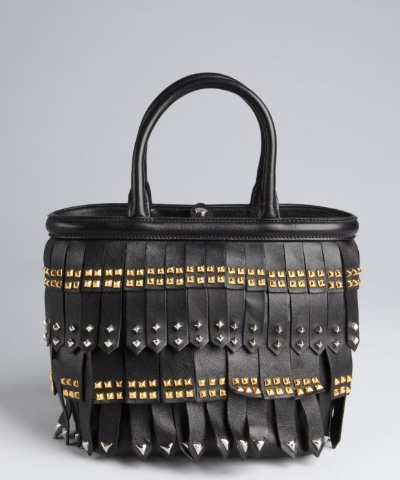 Prada Black Leather Studded Tassel Mini Top Handle Bag in Black | Lyst  