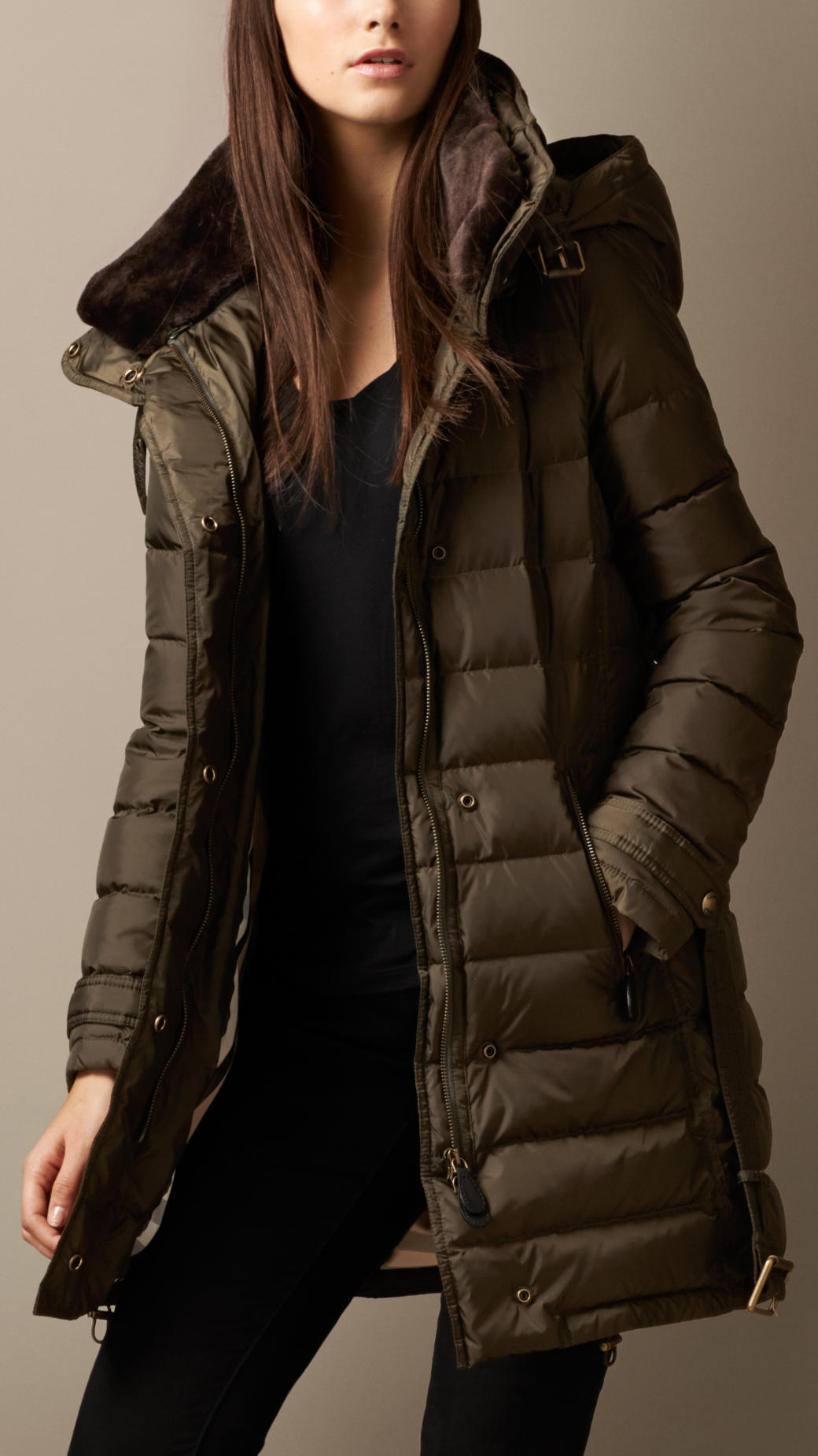 Burberry Down-filled Coat With Shearling Collar in Natural | Lyst