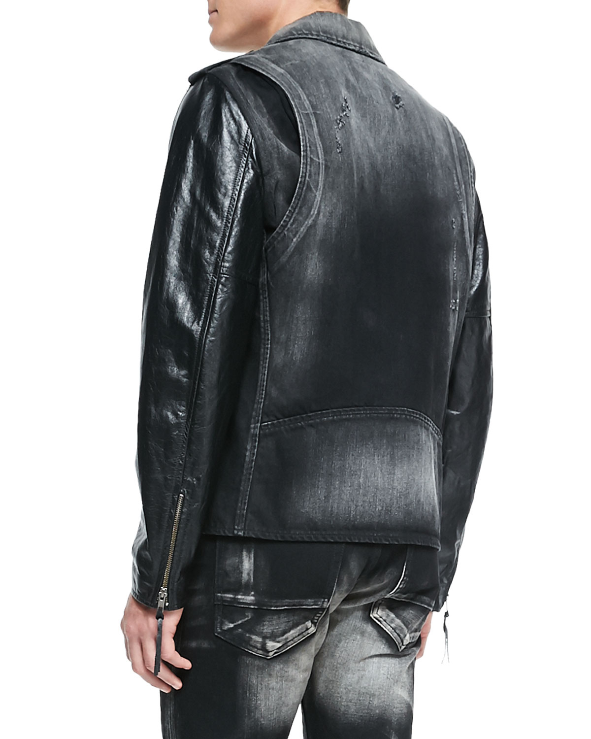 Prps Cruiser Denim Moto Jacket With Leather Sleeves In Blue For Gallery