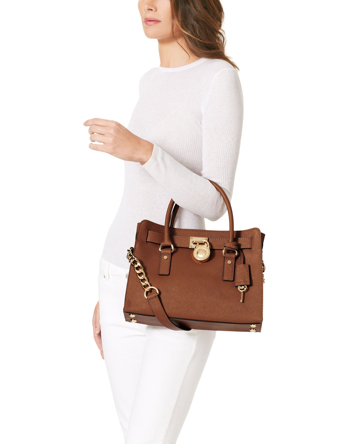 Lyst Michael Kors Hamilton Saffiano Satchel Bag In Brown Gallery