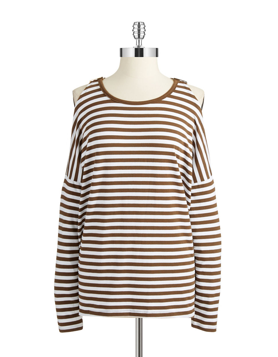 Michael Michael Kors Striped Cold Shoulder Top in Brown (Duffle Green ...