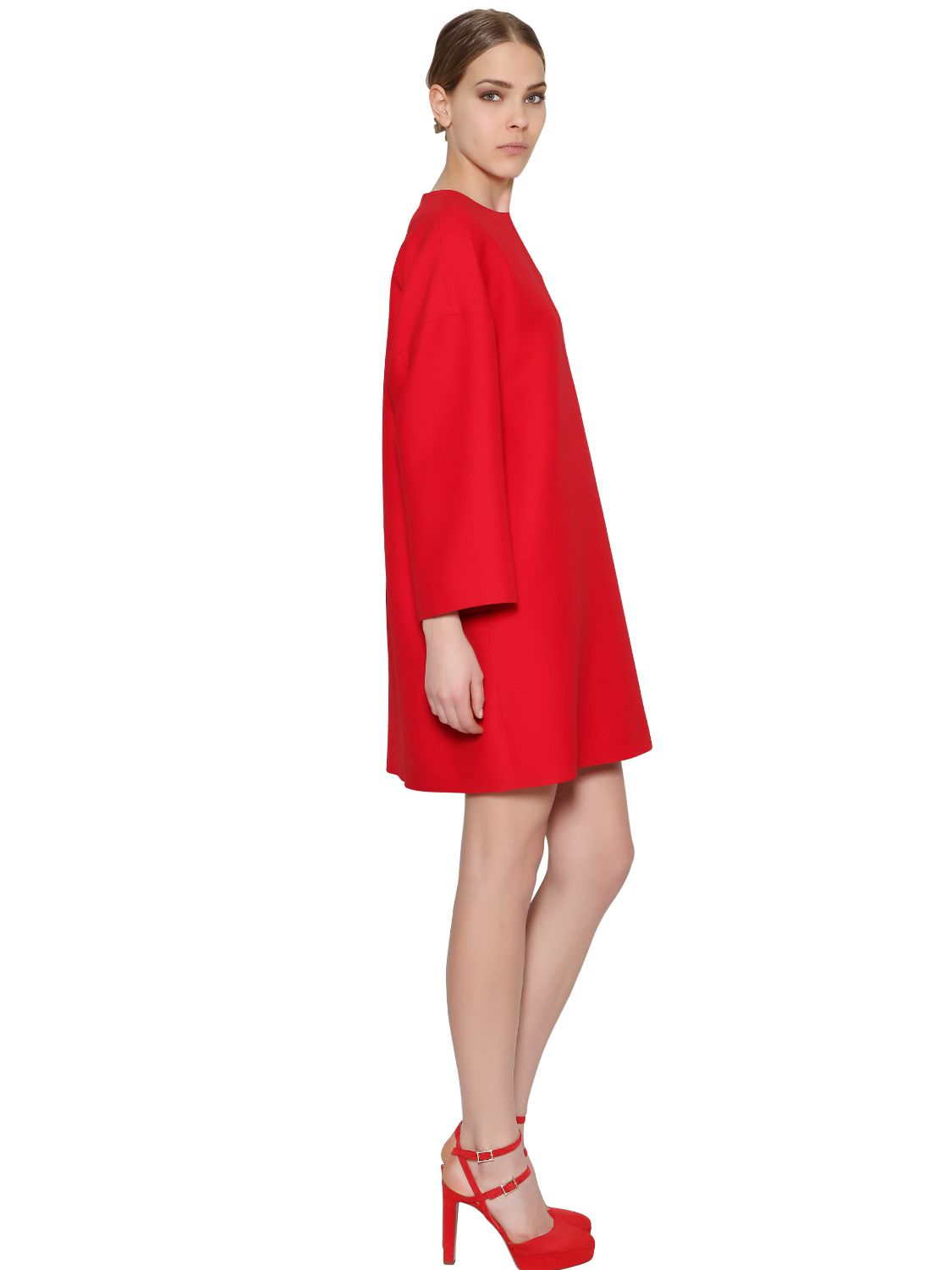 Lyst Valentino Long  Sleeve  Wool Crepe  Cocoon Dress  in Red