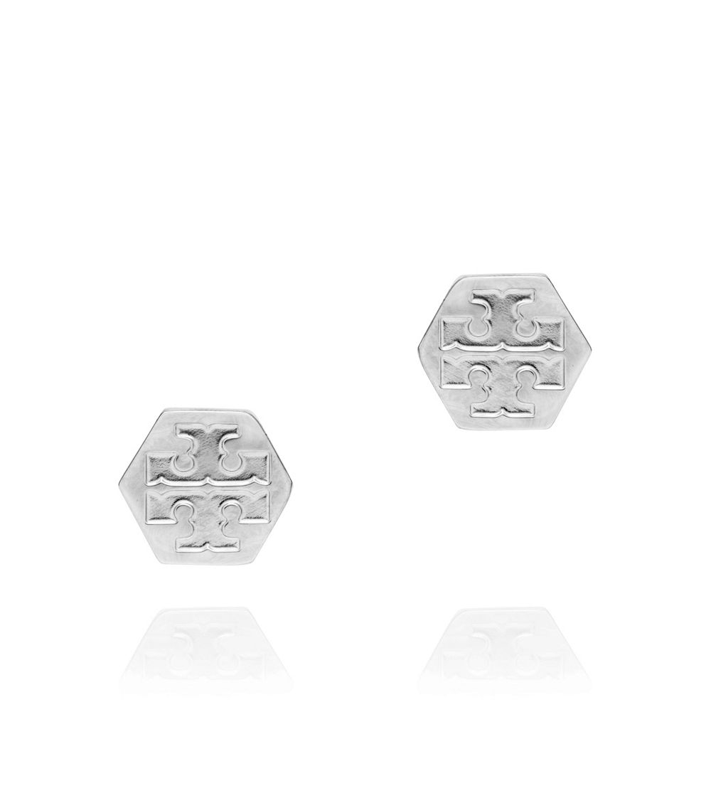 Lyst Tory Burch Hexagon Logo Stud Earring In Metallic Be Inspired