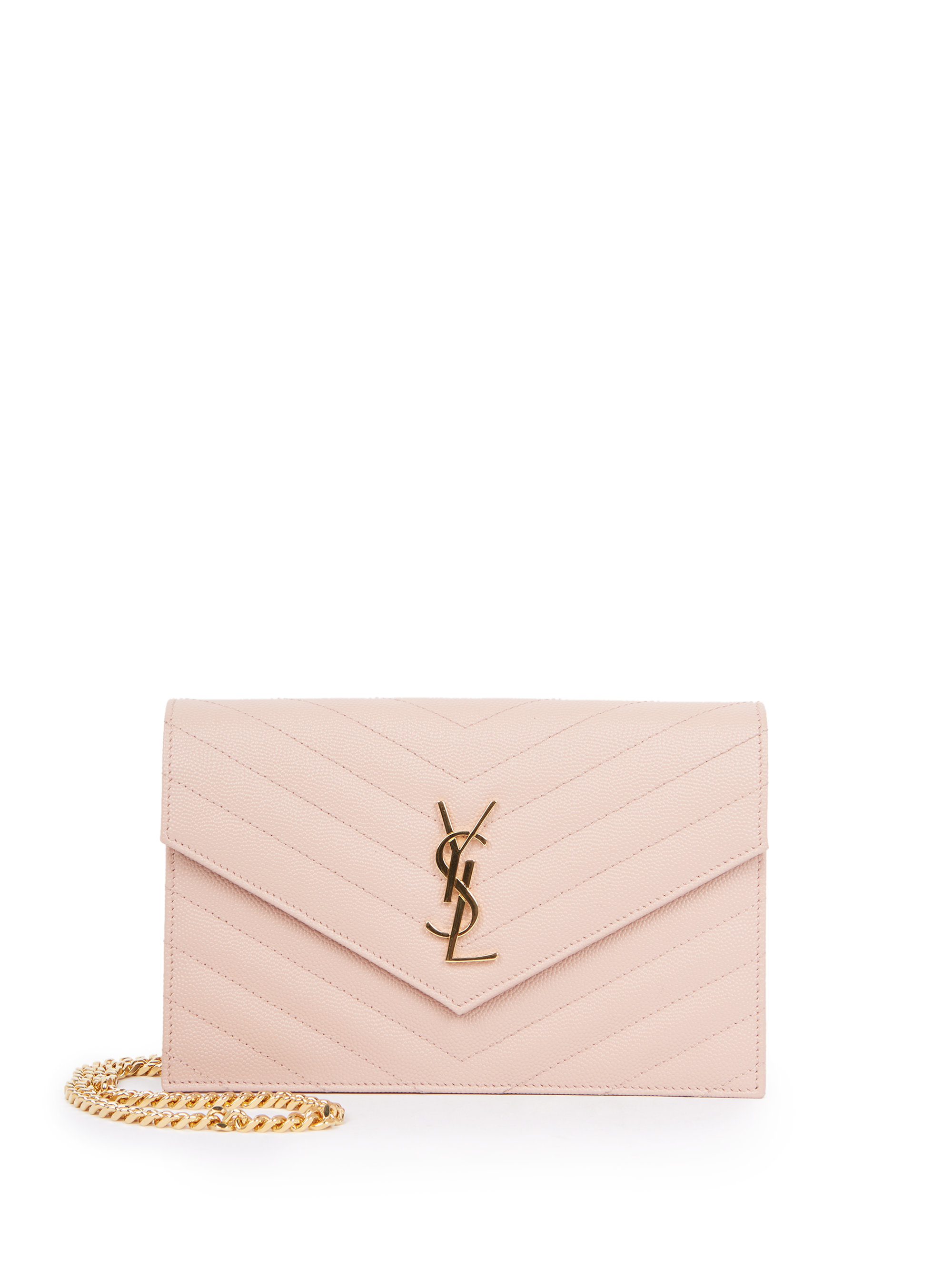 chain wallet in pink and white textured matelassé leather