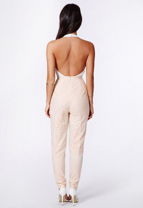 Lyst Missguided Nude Halterneck Lace Jumpsuit In Natural