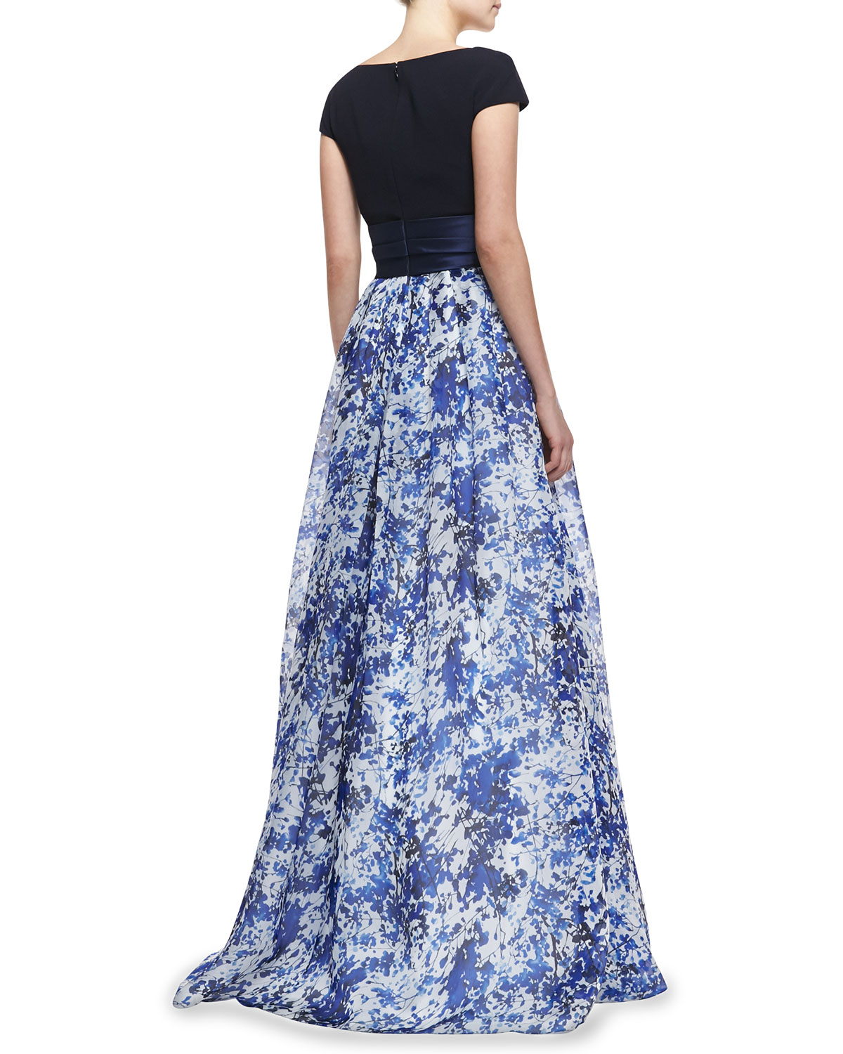 Lyst - Theia Short-Sleeve Combo Floral Ball Gown in Blue