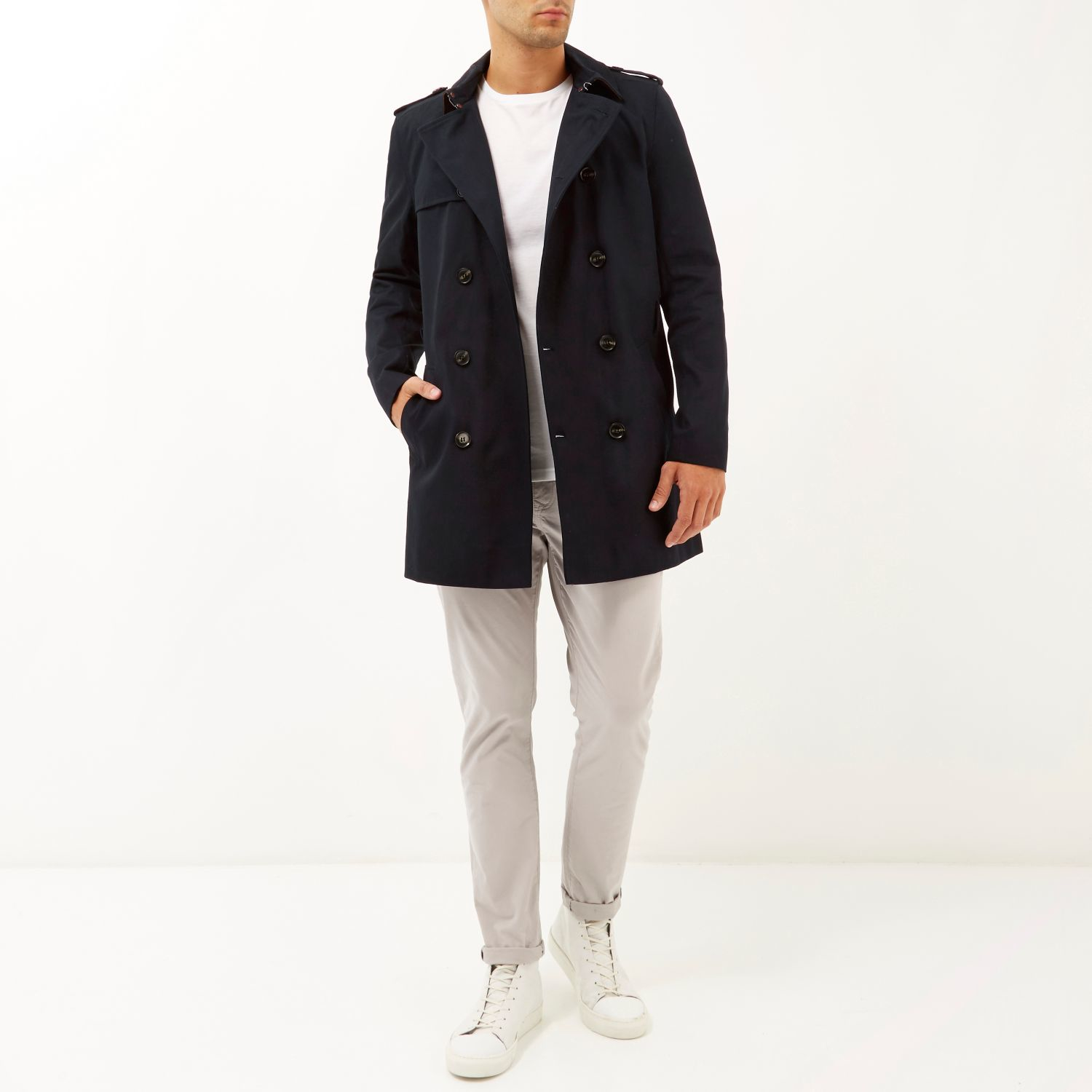 River island Navy Double Breasted Military Trench Coat in Blue for Men ...