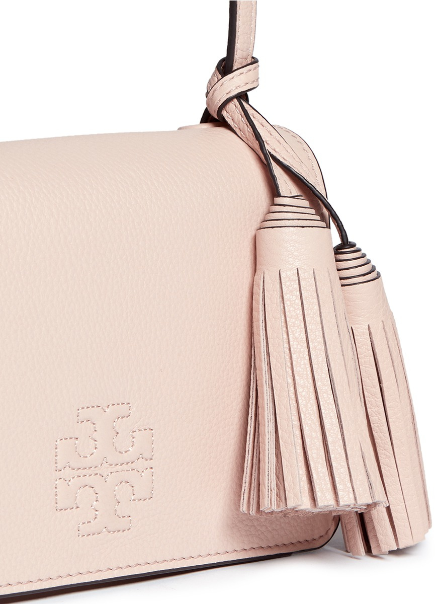 Tory Burch 'thea Mini' Pebbled Leather Crossbody Tassel Bag in Pink - Lyst