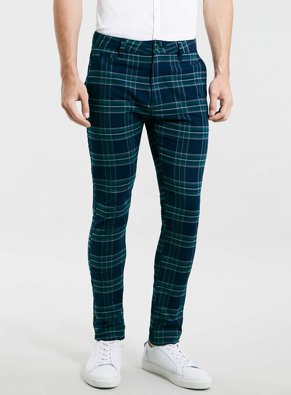 Topman Green And Navy Check Stretch Skinny Chinos in Blue for Men | Lyst