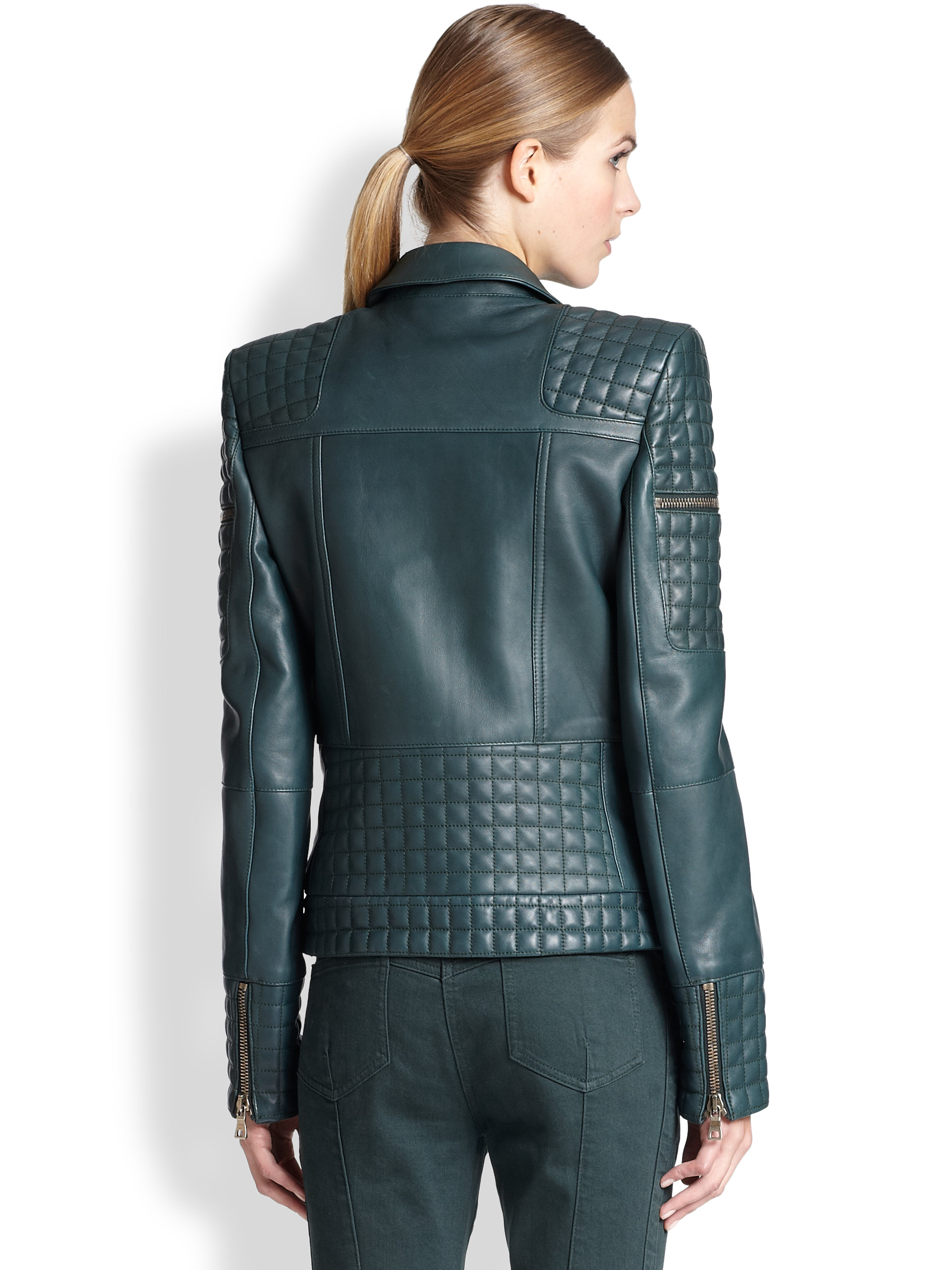 Balmain Quilted Leather Moto Jacket In Green Lyst Gallery