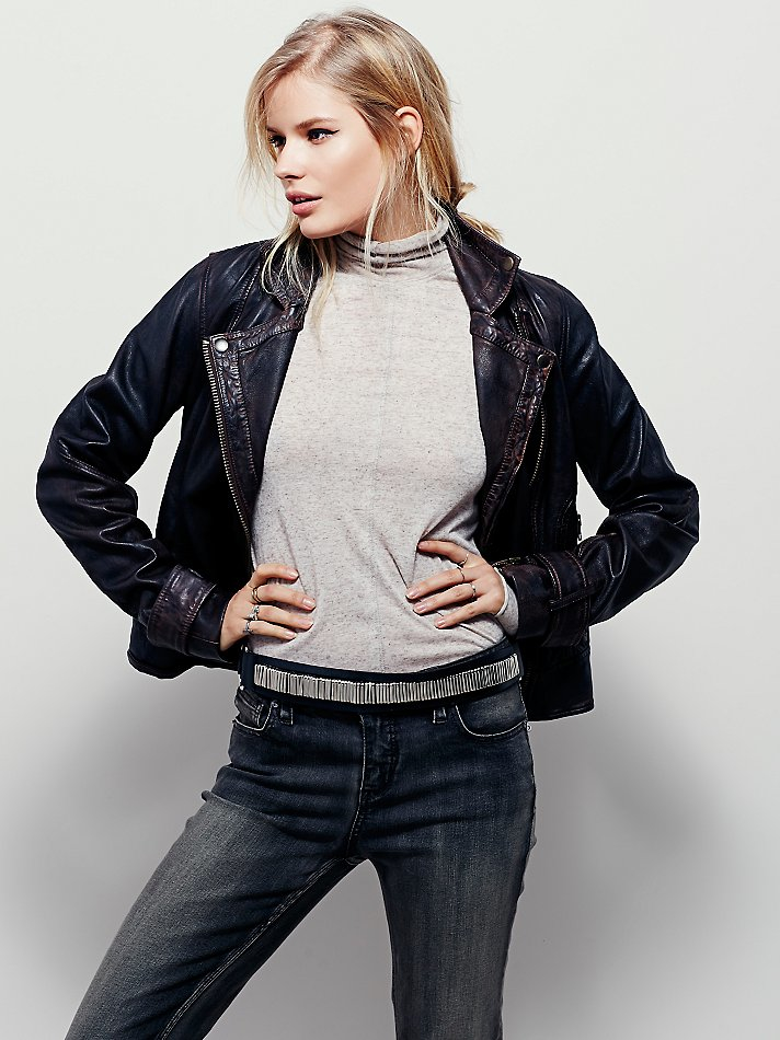 Free people Washed Leather Moto Jacket in Brown Lyst