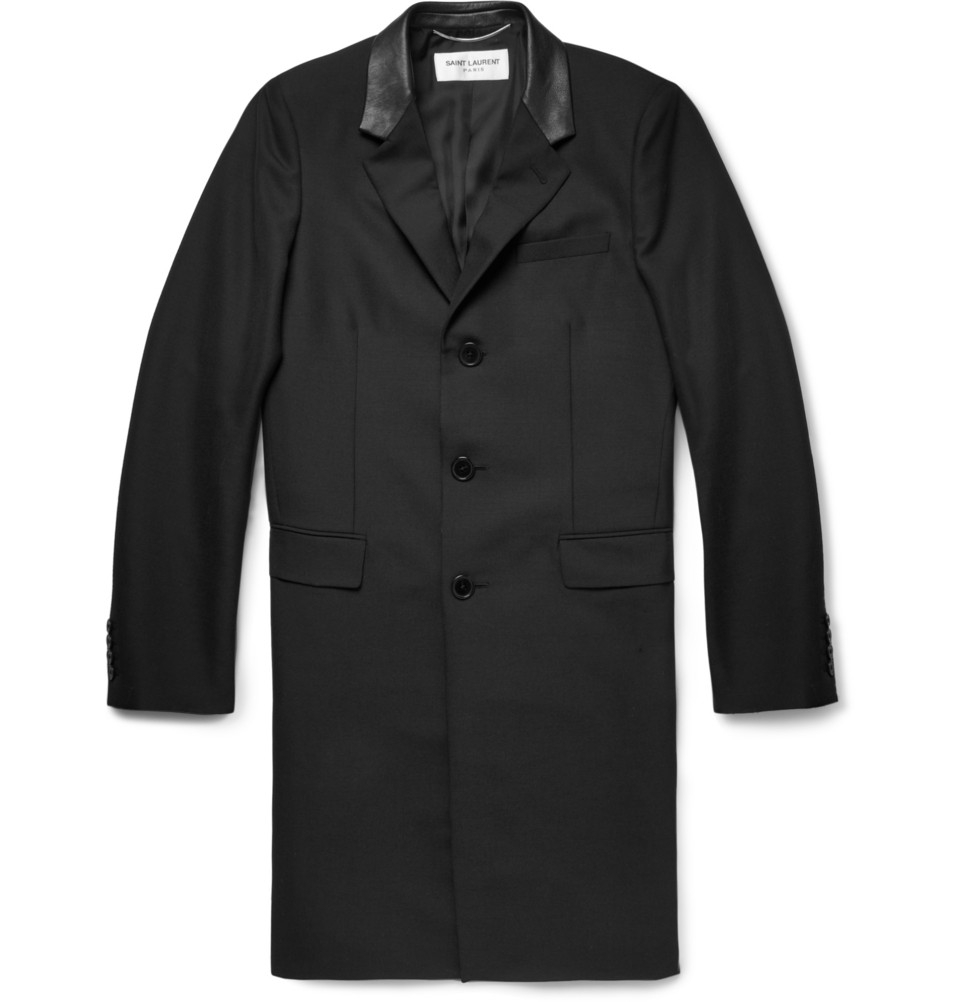 Lyst - Saint Laurent Leather-Trimmed Wool-Blend Chesterfield Jacket in ...