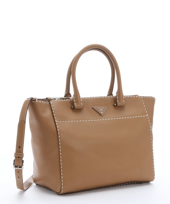 prada cloth - Prada Brown Calfskin Topstitched Tote Bag in Brown | Lyst