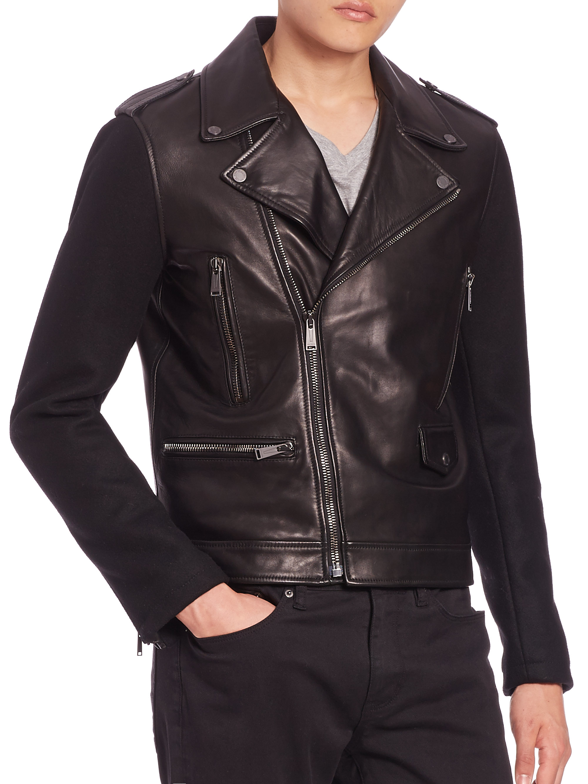 Lyst - Kent & Curwen Woven Sleeves Leather Biker Jacket in Black for Men