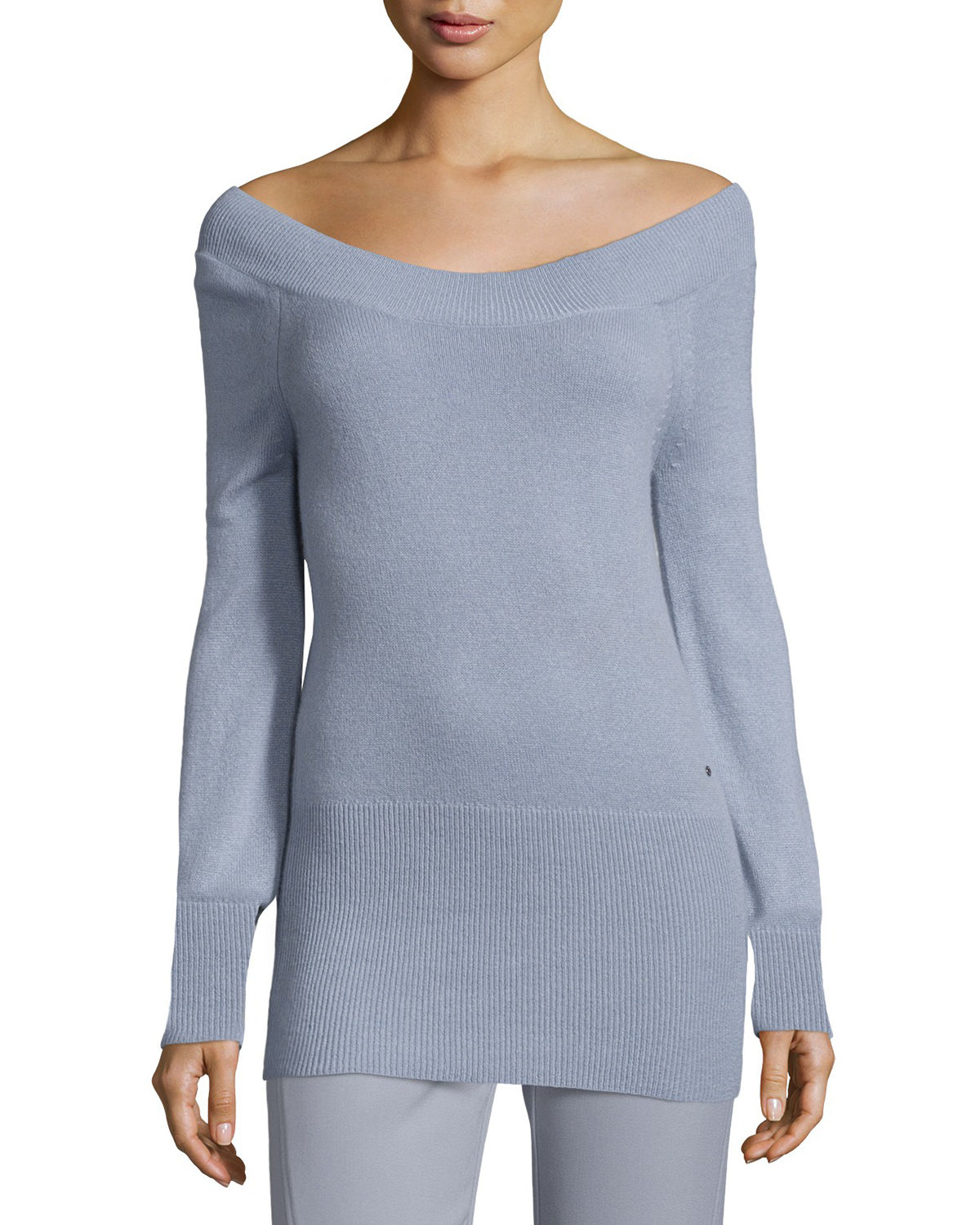 Halston Off-the-shoulder Slim Cashmere Tunic in Blue | Lyst