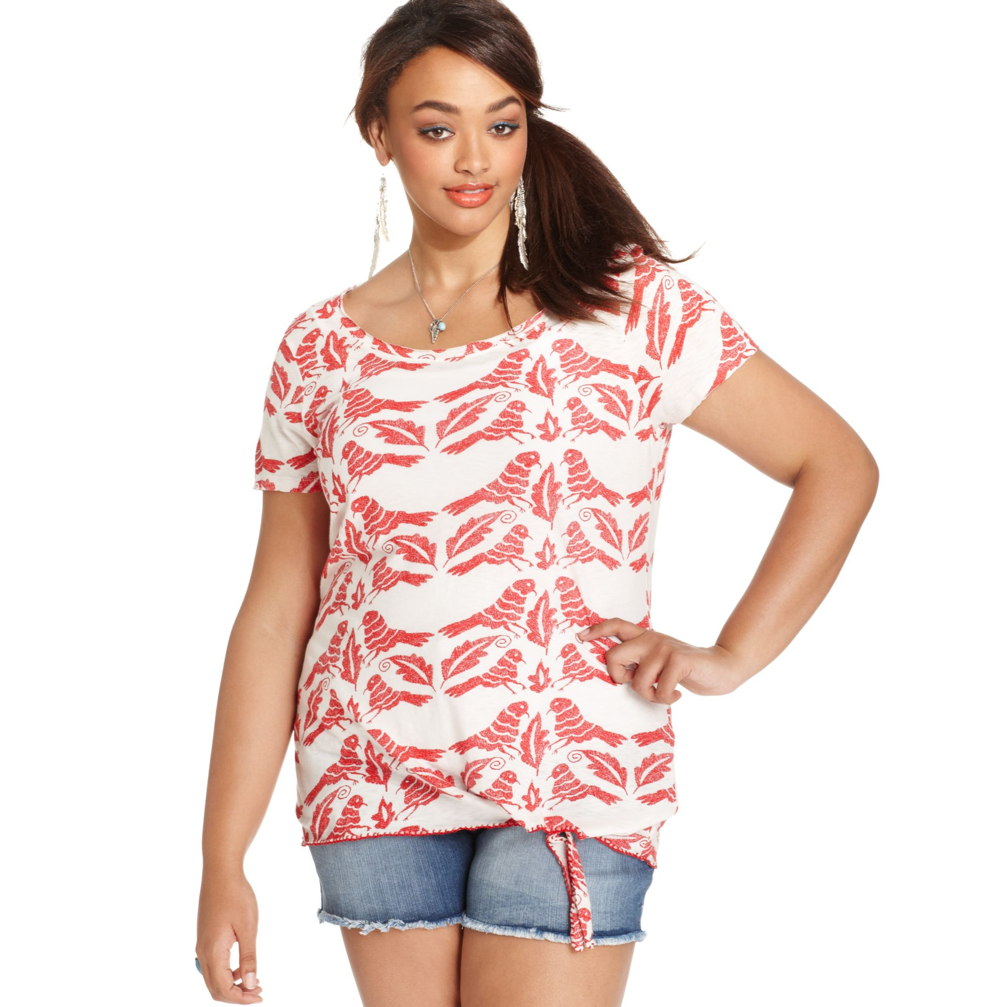 Lucky brand jeans Lucky Brand Plus Size Birdprint Tiefront Top in Red