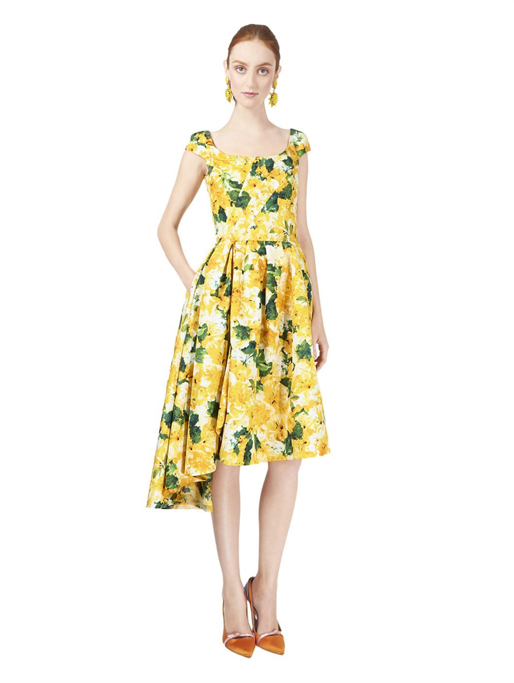 Oscar De La A Yellow Dress Weddings Dresses Lyst Oscar De La A Cap Sleeve Azalea Print Dress In Yellow