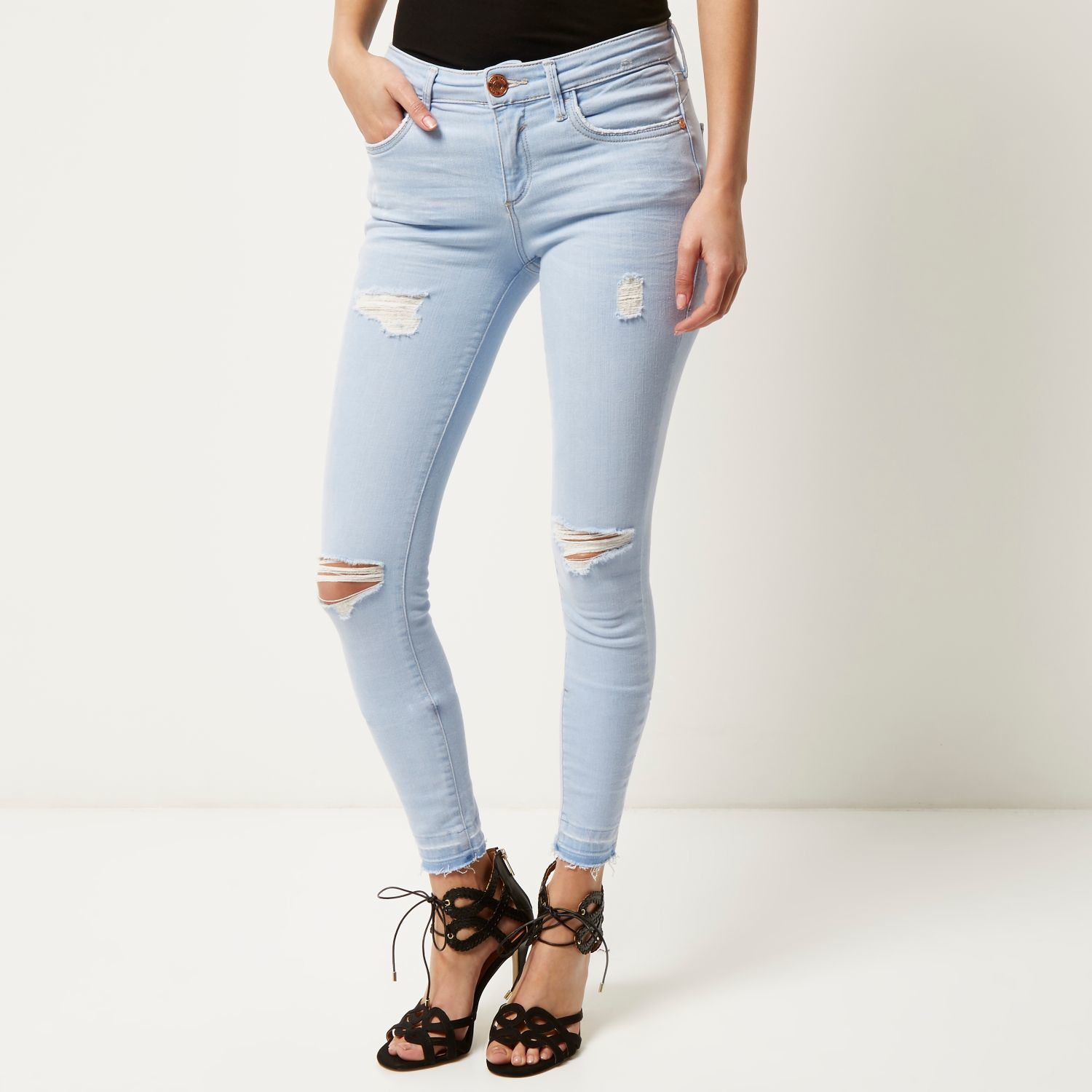 River Island Light Wash Ripped Amelie Super Skinny Jeans in Blue - Lyst