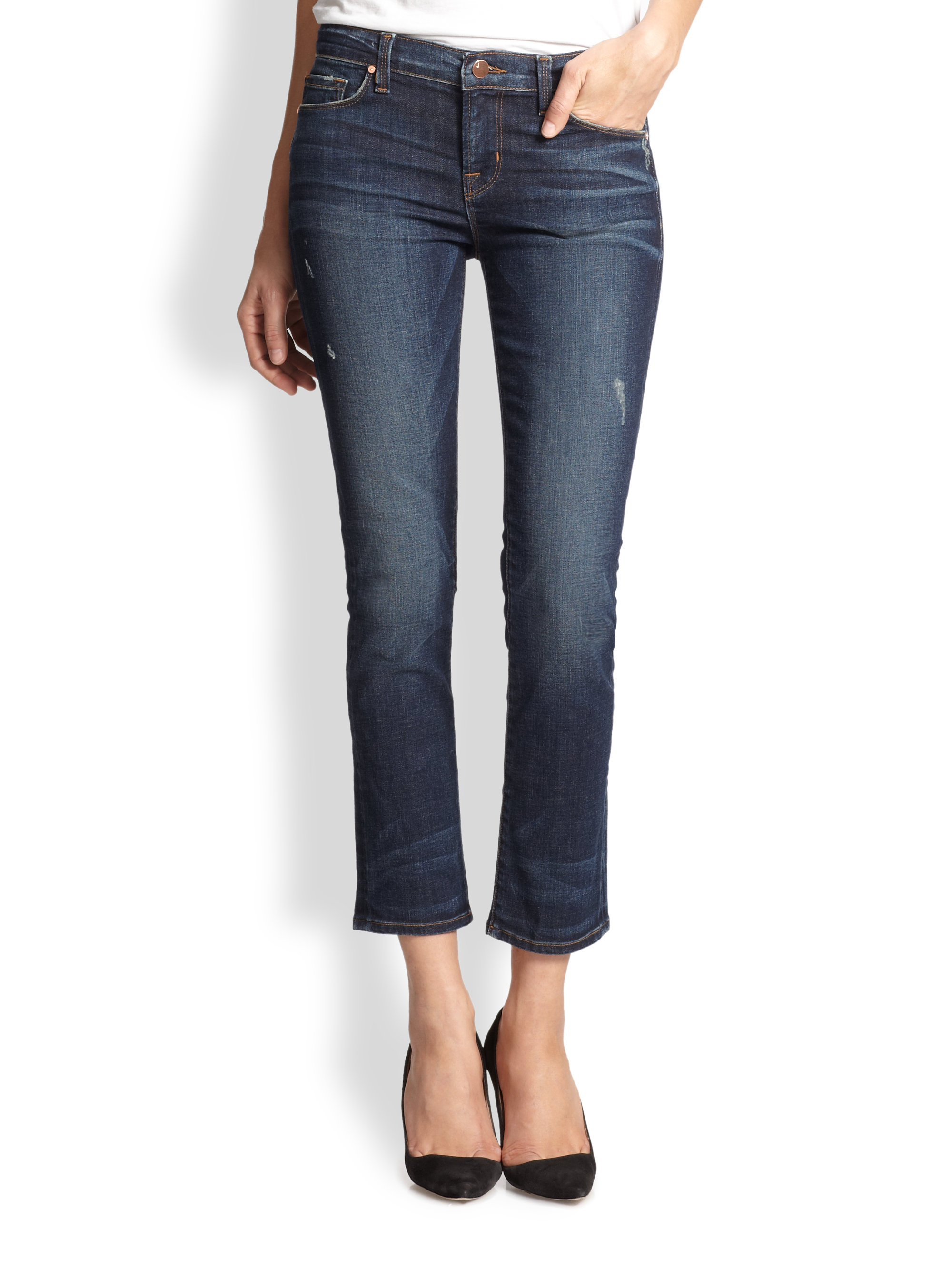 Lyst - J Brand Low-rise Distressed Cropped Jeans in Blue