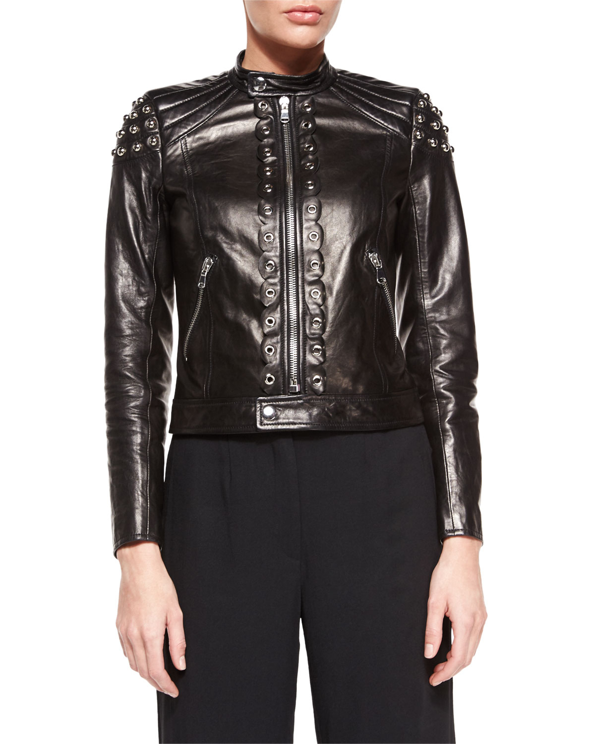 Red valentino Grommet Pieced Leather Jacket in Black | Lyst