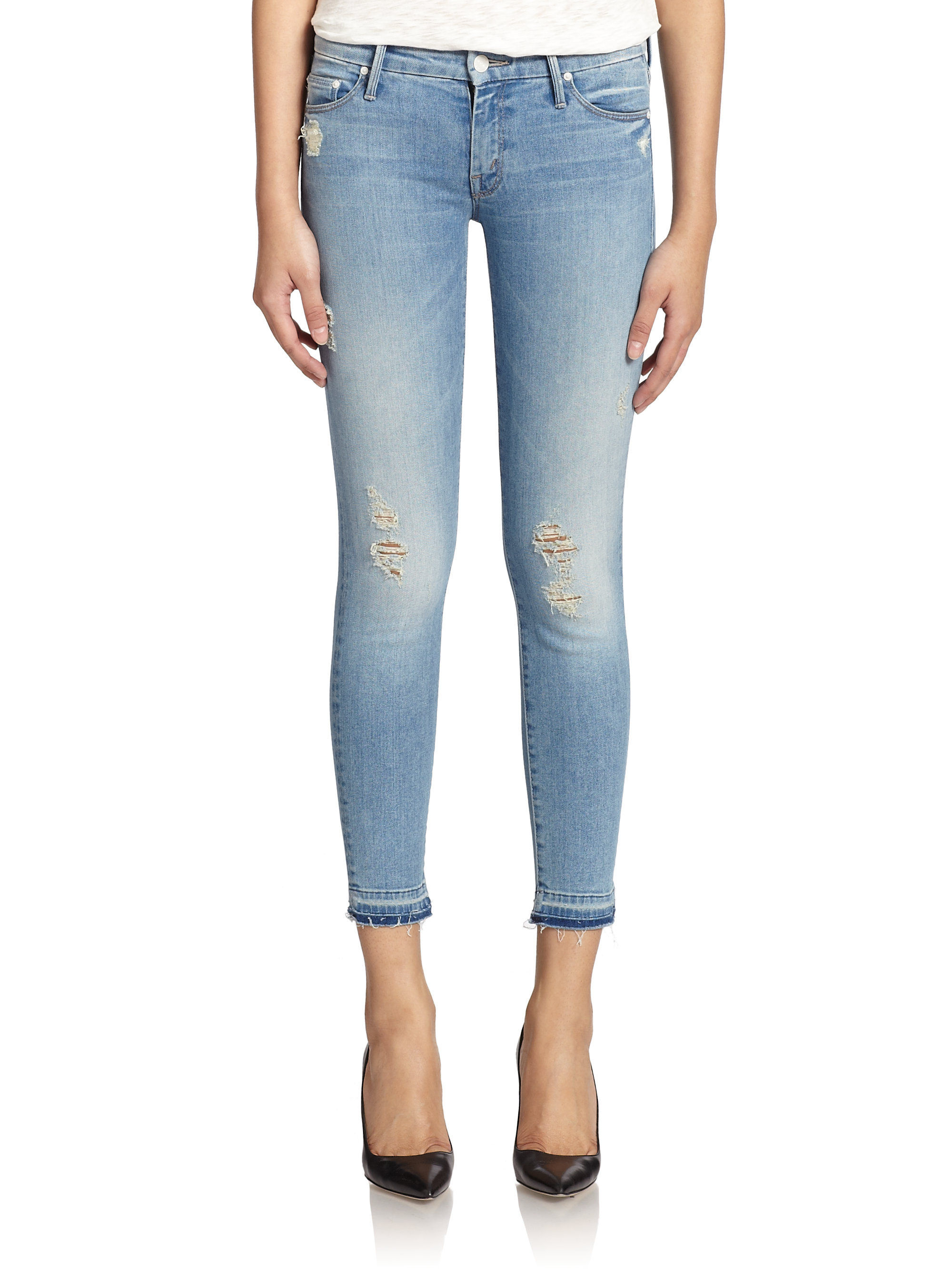 Mother The Looker Distressed Cropped Skinny Jeans in Blue | Lyst