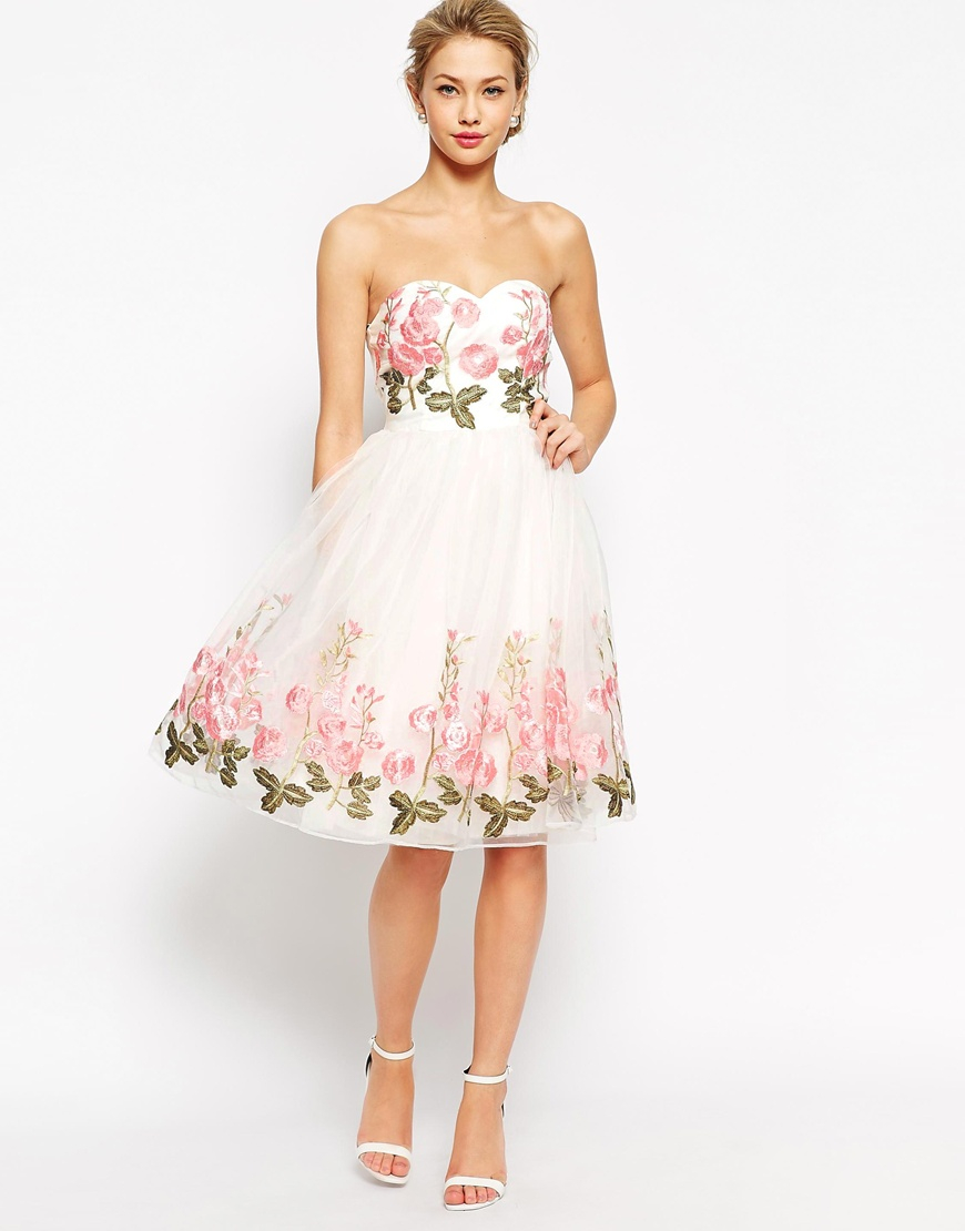Chi chi london Bandeau Full Prom Dress With Floral Embroidery in Pink ...