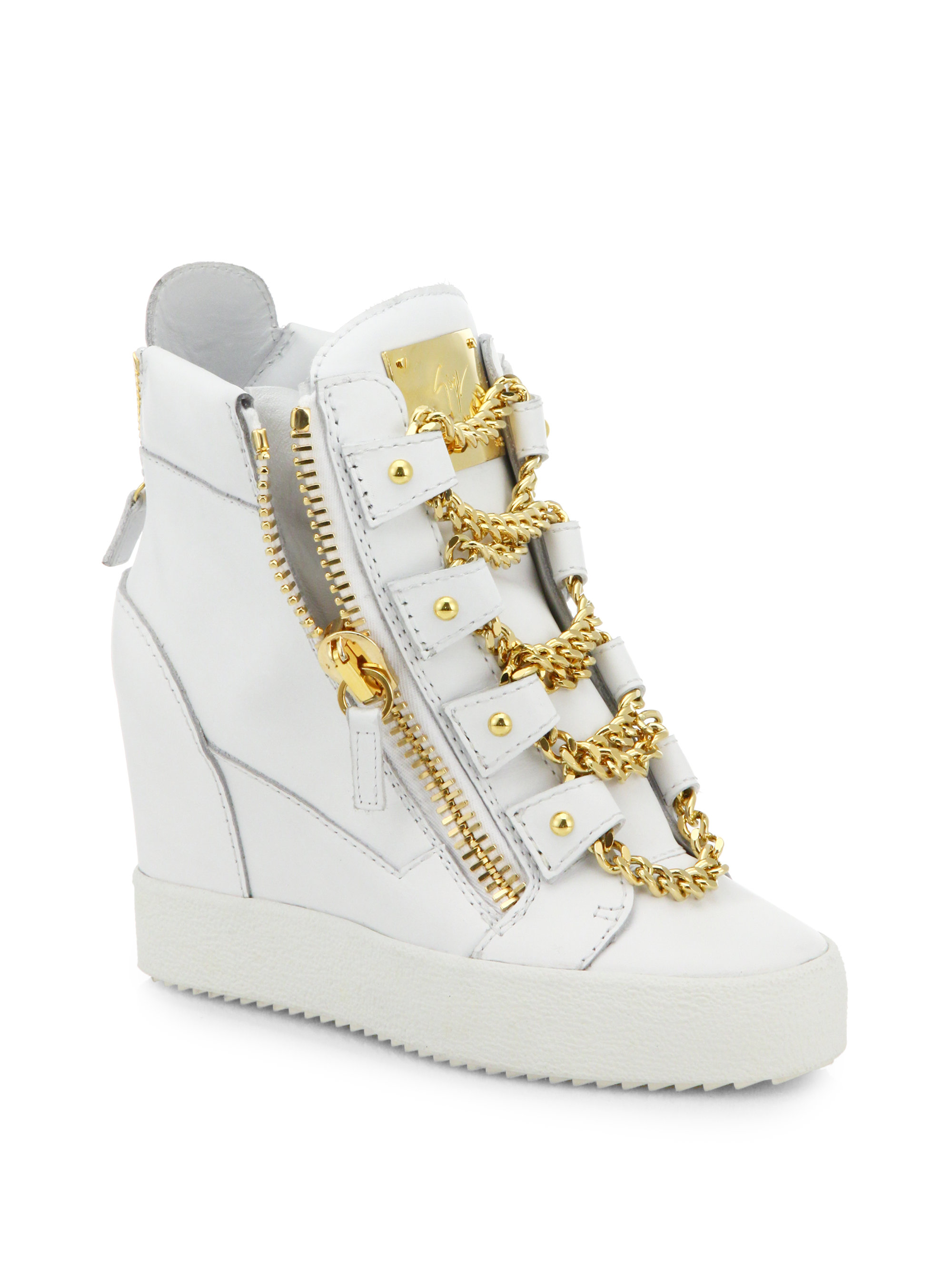 Lyst - Giuseppe Zanotti Chains Leather Wedge High-Top Sneakers in White