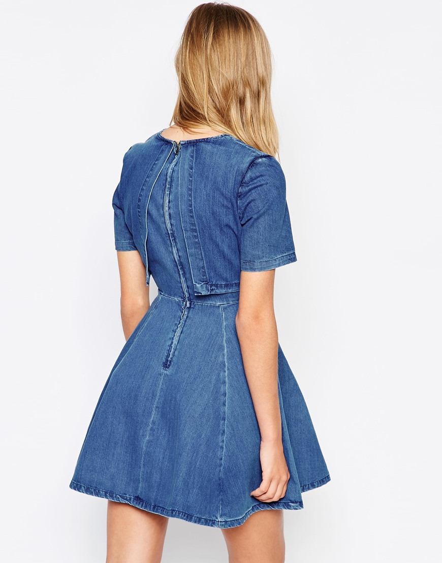 ASOS Denim Crop Top Skater Dress in Blue - Lyst