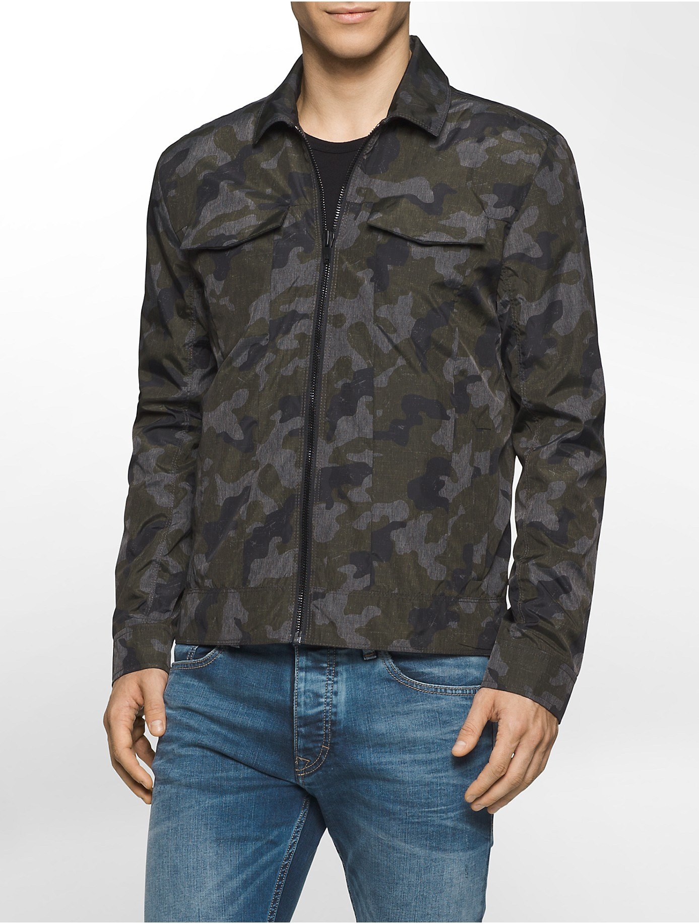 calvin klein camouflage coats & jackets