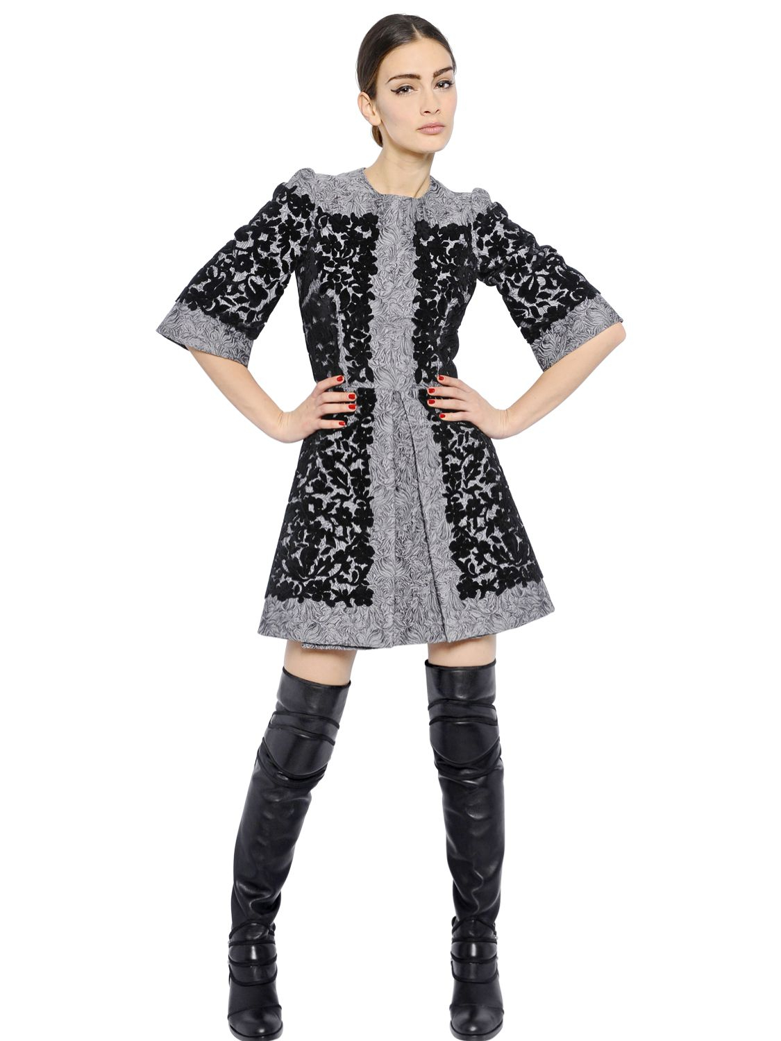 Dolce & gabbana Flocked Wool Brocade Dress in Gray | Lyst