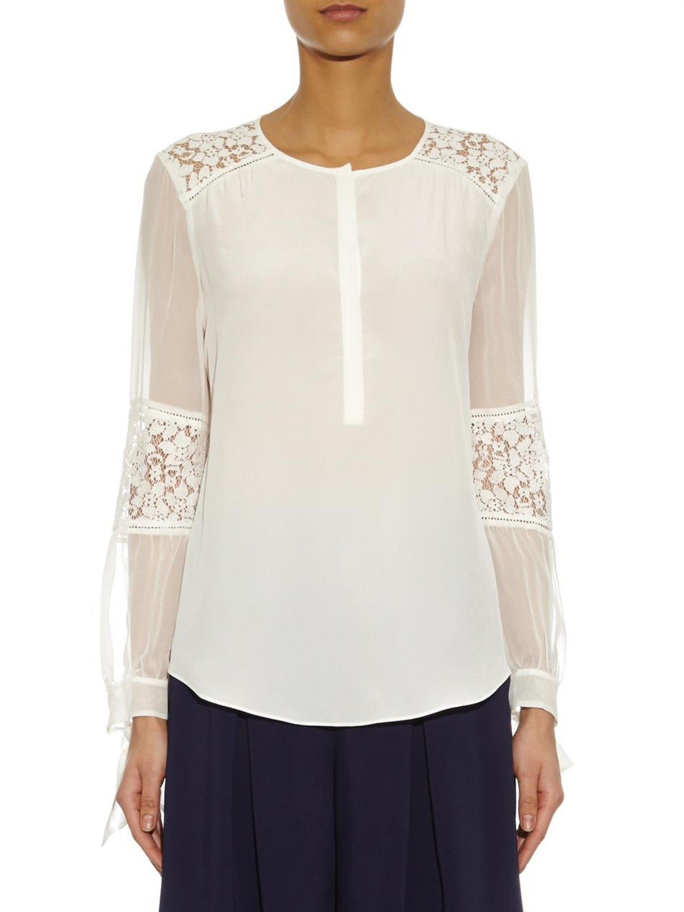 Lyst - Rebecca Taylor Silk And Lace Blouse in White